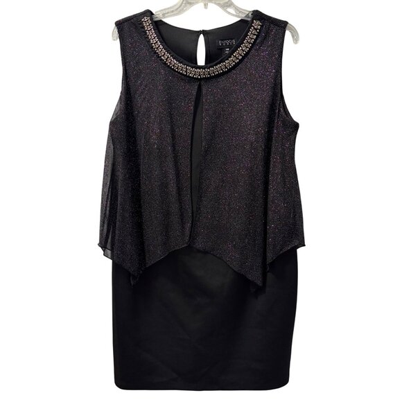 Enfocus Womens 14W Black Beaded Neck Sleeveless Shimmer Overlay Sheath Dress - Picture 1 of 12